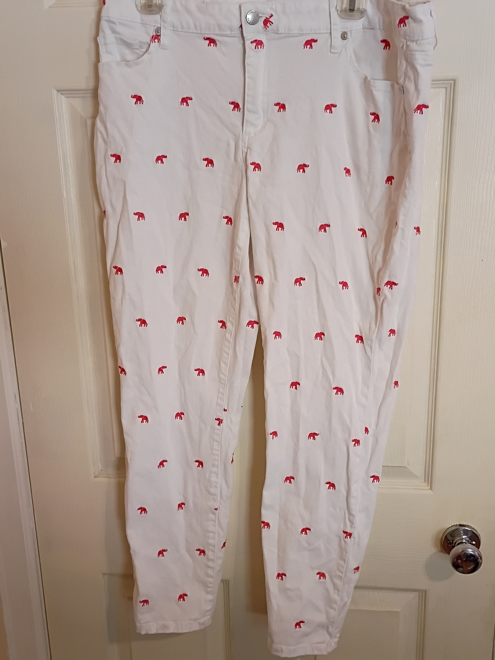 crown & ivy White Pants with Red Elephant Print 12